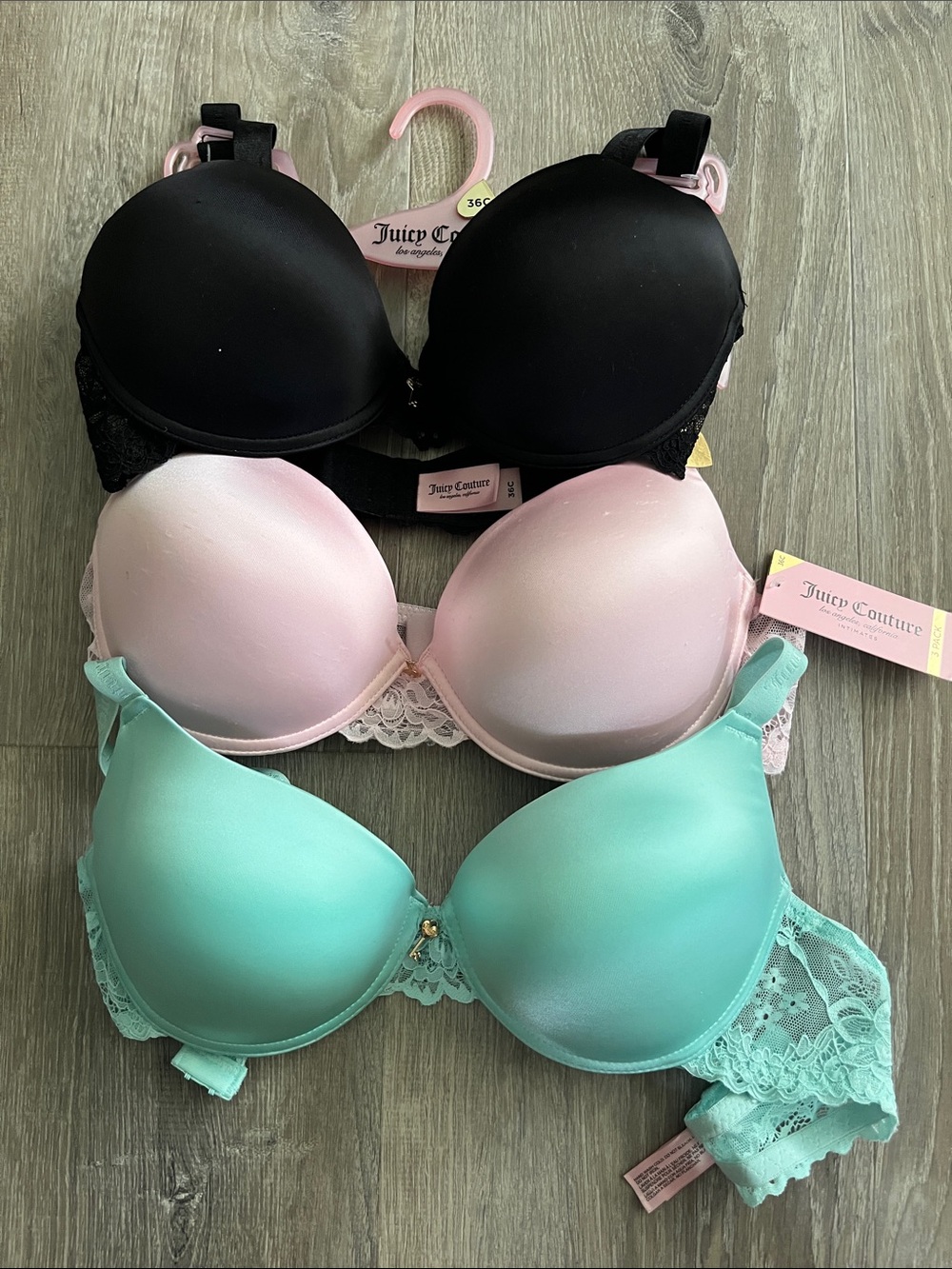 Juicy Couture Push Up BraThree-Pack Lace Trim T-Shirt Bras in Black, Pink & Mint